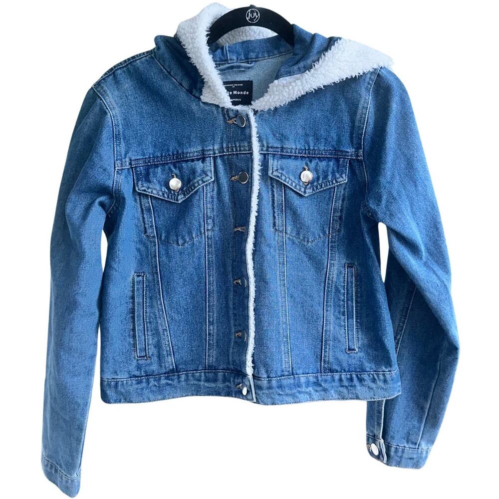 Haute Monde Jean Jacket Faux Fur Hood Denim Jacket Pockets Womens Sz Small NWOT